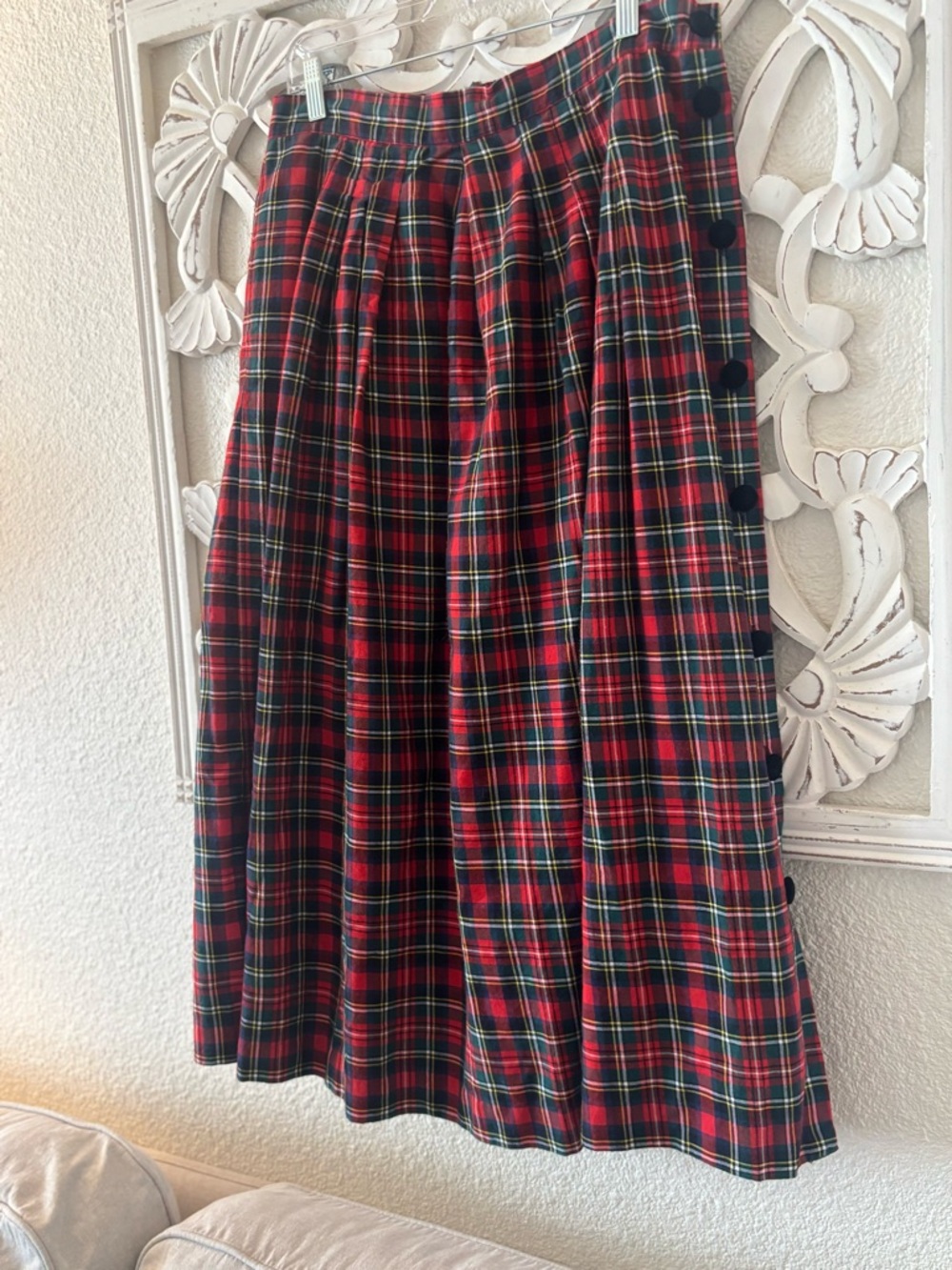 Vintage Talbots Red & Green Plaid A-Line Skirt with Velvet Button Side & Pockets